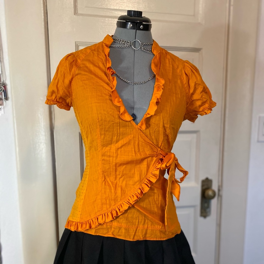 Vintage 90s Y2K Short Sleeve Linen Orange Wrap Around V-Neck Blouse 🍊